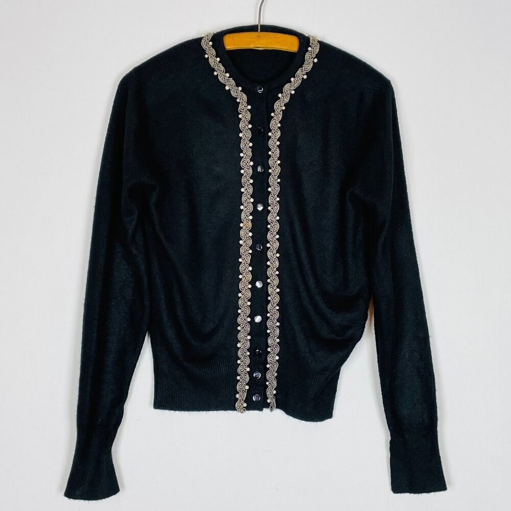 Vtg 1950s Talbott Cardigan Sz M Black Taraspun Orlon Whimsigoth Dark Academia